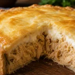Empadão de frango cremoso dourado com recheio suculento e massa amanteigada sobre mesa de madeira