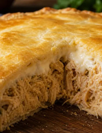Empadão de frango cremoso dourado com recheio suculento e massa amanteigada sobre mesa de madeira