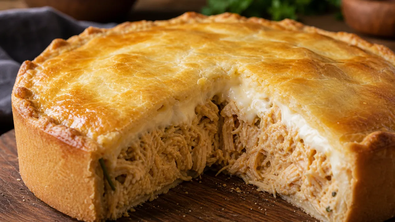 Empadão de frango cremoso dourado com recheio suculento e massa amanteigada sobre mesa de madeira