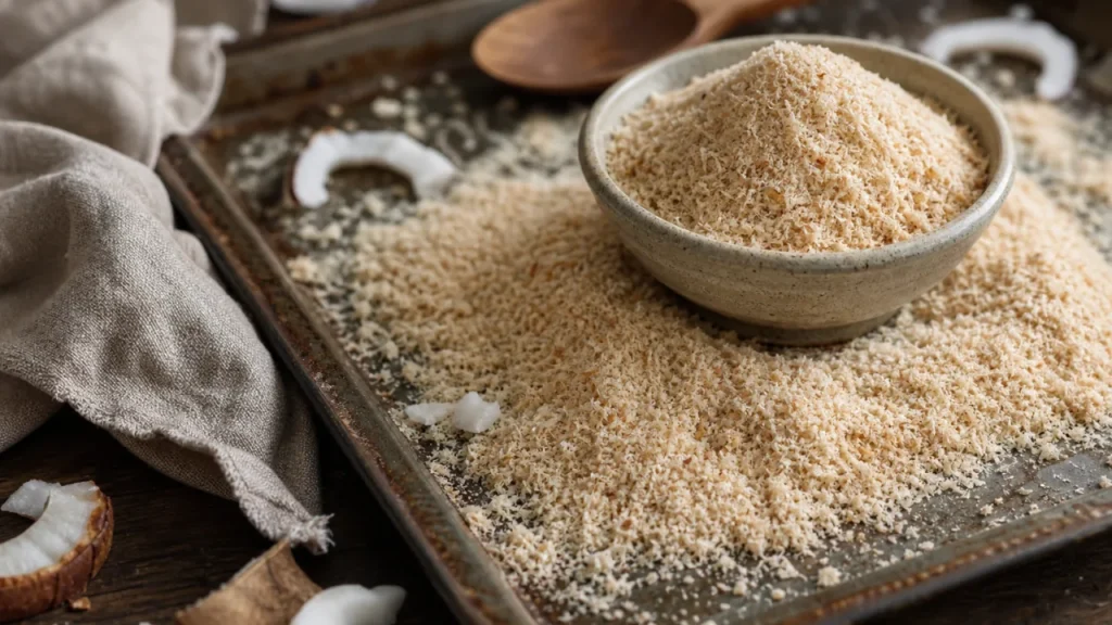 Farinha de coco caseira seca e soltinha em uma assadeira rústica com textura clara e levemente dourada
