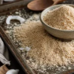 Farinha de coco caseira seca e soltinha em uma assadeira rústica com textura clara e levemente dourada