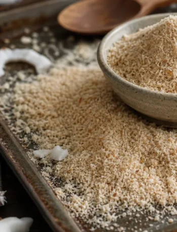 Farinha de coco caseira seca e soltinha em uma assadeira rústica com textura clara e levemente dourada