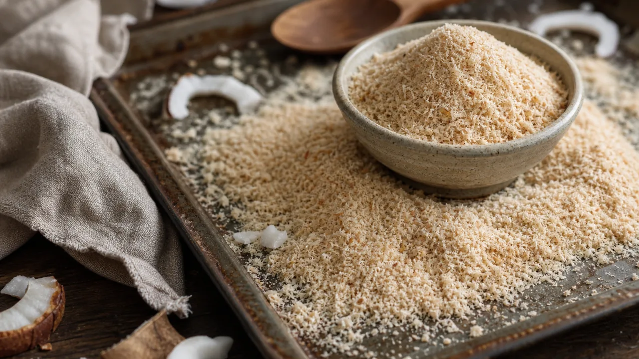 Farinha de coco caseira seca e soltinha em uma assadeira rústica com textura clara e levemente dourada