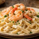 Fettucine Alfredo com camarão cremoso, parmesão e salsinha sobre prato rústico