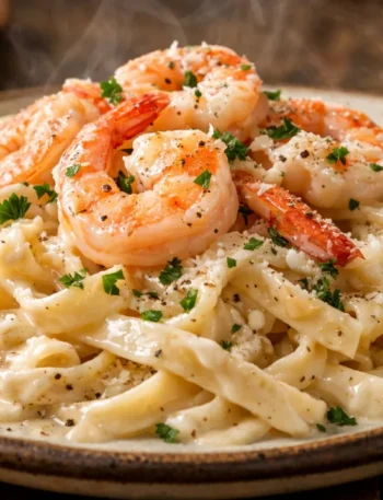 Fettucine Alfredo com camarão cremoso, parmesão e salsinha sobre prato rústico