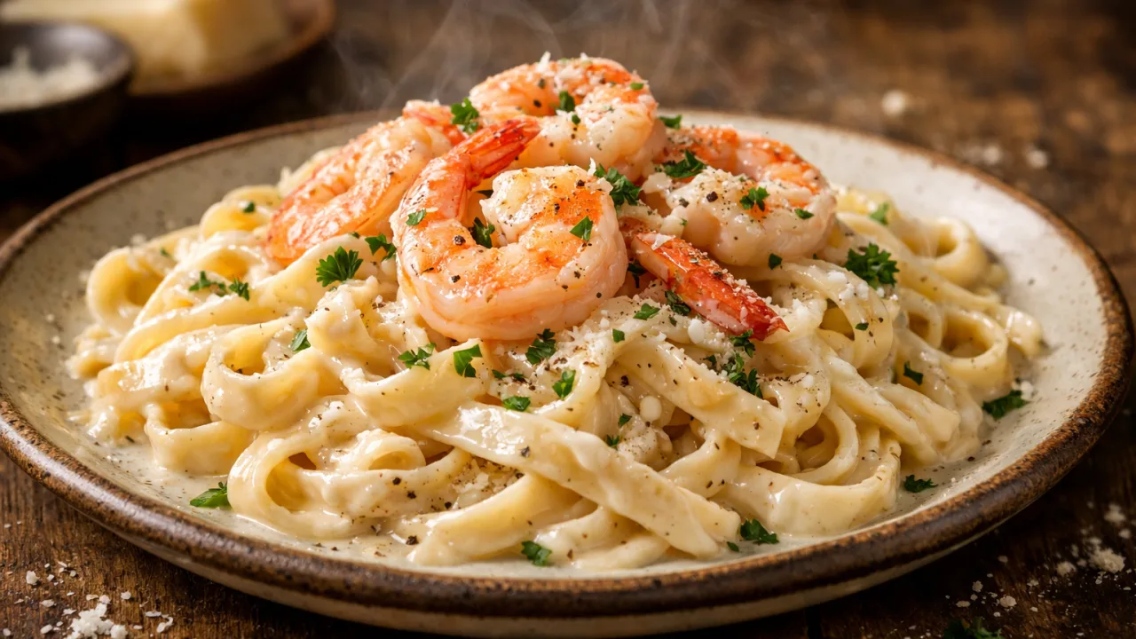 Fettucine Alfredo com camarão cremoso, parmesão e salsinha sobre prato rústico