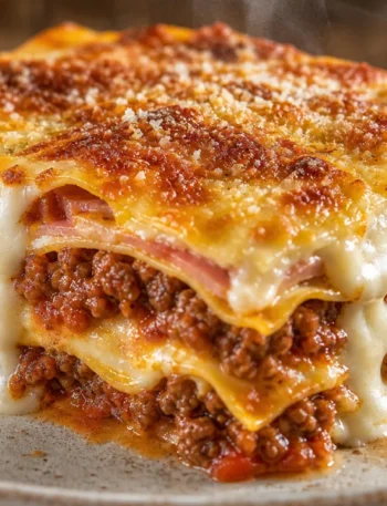 Lasanha à bolonhesa cremosa e gratinada com camadas de molho branco, queijo derretido e parmesão dourado