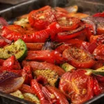 Legumes vermelhos assados com pimentões, tomates, cebola roxa, cenoura e abobrinha dourados na assadeira