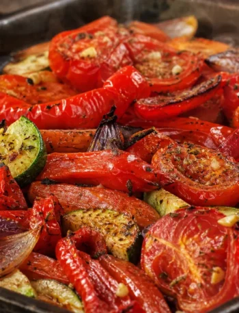 Legumes vermelhos assados com pimentões, tomates, cebola roxa, cenoura e abobrinha dourados na assadeira