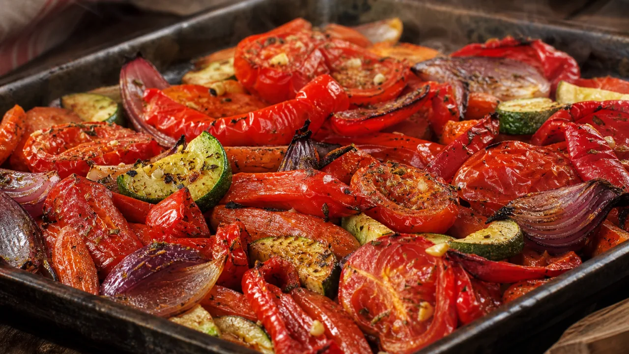 Legumes vermelhos assados com pimentões, tomates, cebola roxa, cenoura e abobrinha dourados na assadeira