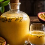 Licor de maracujá com chocolate branco cremoso em garrafa de vidro com sementes decorativas
