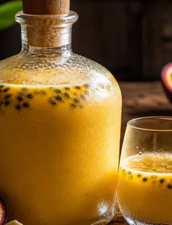 Licor de maracujá com chocolate branco cremoso em garrafa de vidro com sementes decorativas