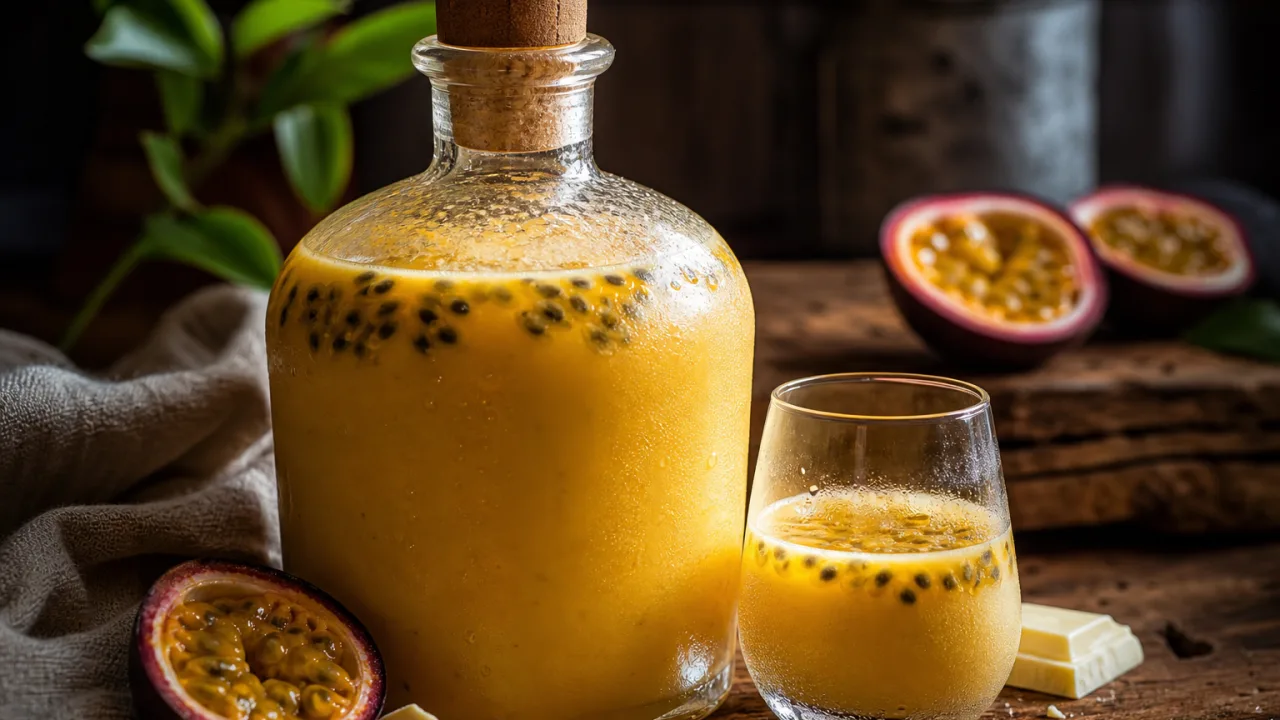 Licor de maracujá com chocolate branco cremoso em garrafa de vidro com sementes decorativas