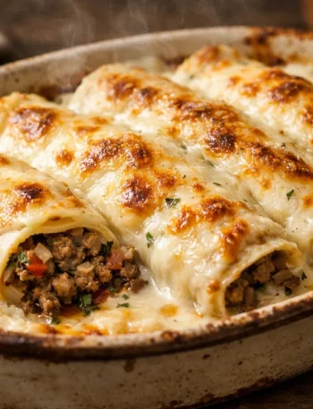 Panqueca de carne com molho branco gratinada, recheio cremoso e queijo dourado em travessa rústica
