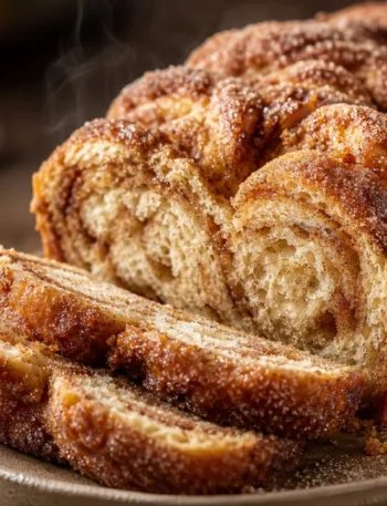 Pão de donut com canela fofinho e dourado, coberto com açúcar e canela sobre mesa de madeira.