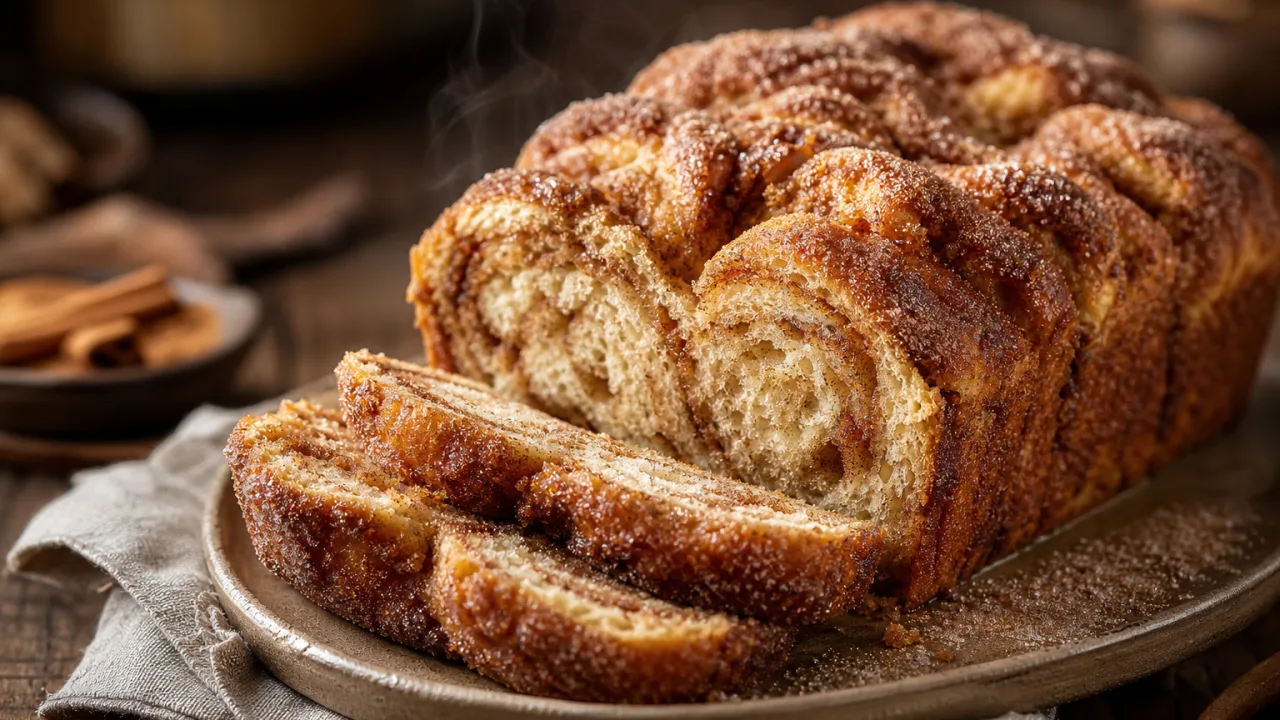 Pão de donut com canela fofinho e dourado, coberto com açúcar e canela sobre mesa de madeira.