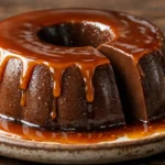 Pudim de chocolate caseiro com calda de caramelo brilhante em prato rústico