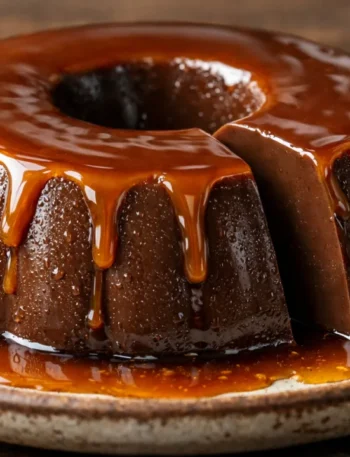 Pudim de chocolate caseiro com calda de caramelo brilhante em prato rústico