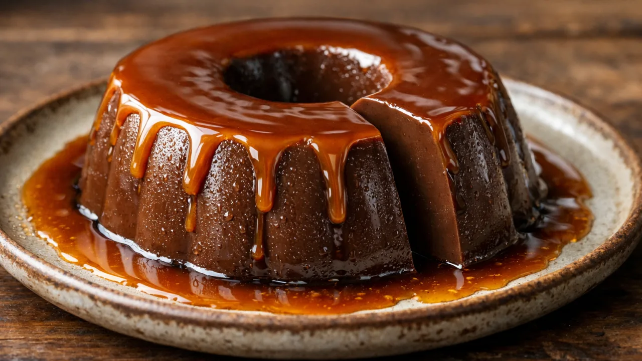 Pudim de chocolate caseiro com calda de caramelo brilhante em prato rústico