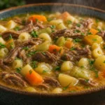 Sopa de carne com legumes cremosa com carne macia, macarrão, batata, cenoura, chuchu e abóbora em tigela rústica