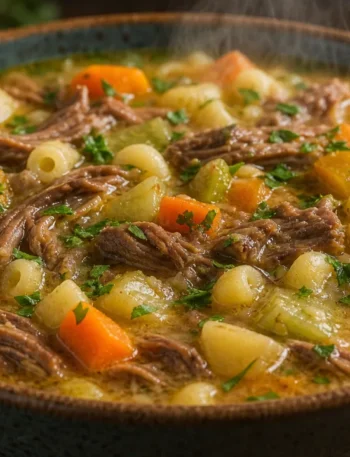 Sopa de carne com legumes cremosa com carne macia, macarrão, batata, cenoura, chuchu e abóbora em tigela rústica