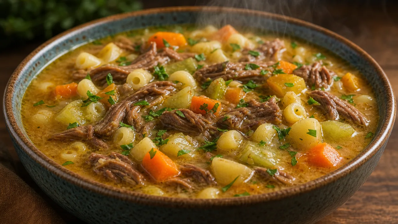 Sopa de carne com legumes cremosa com carne macia, macarrão, batata, cenoura, chuchu e abóbora em tigela rústica