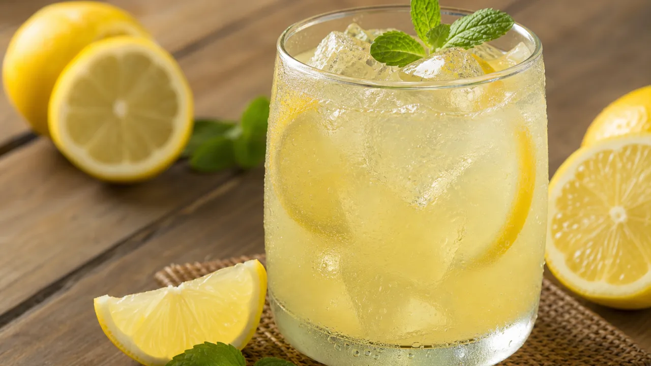 Suco de limão gelado em copo de vidro com limões cortados e gelo sobre mesa rústica