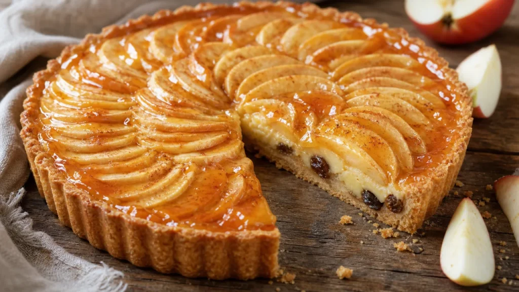 Torta de maçã aromática com glaze de damasco, maçãs fatiadas, passas e base crocante sobre mesa rústica