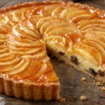 Torta de maçã aromática com glaze de damasco, maçãs fatiadas, passas e base crocante sobre mesa rústica