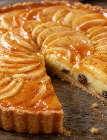 Torta de maçã aromática com glaze de damasco, maçãs fatiadas, passas e base crocante sobre mesa rústica