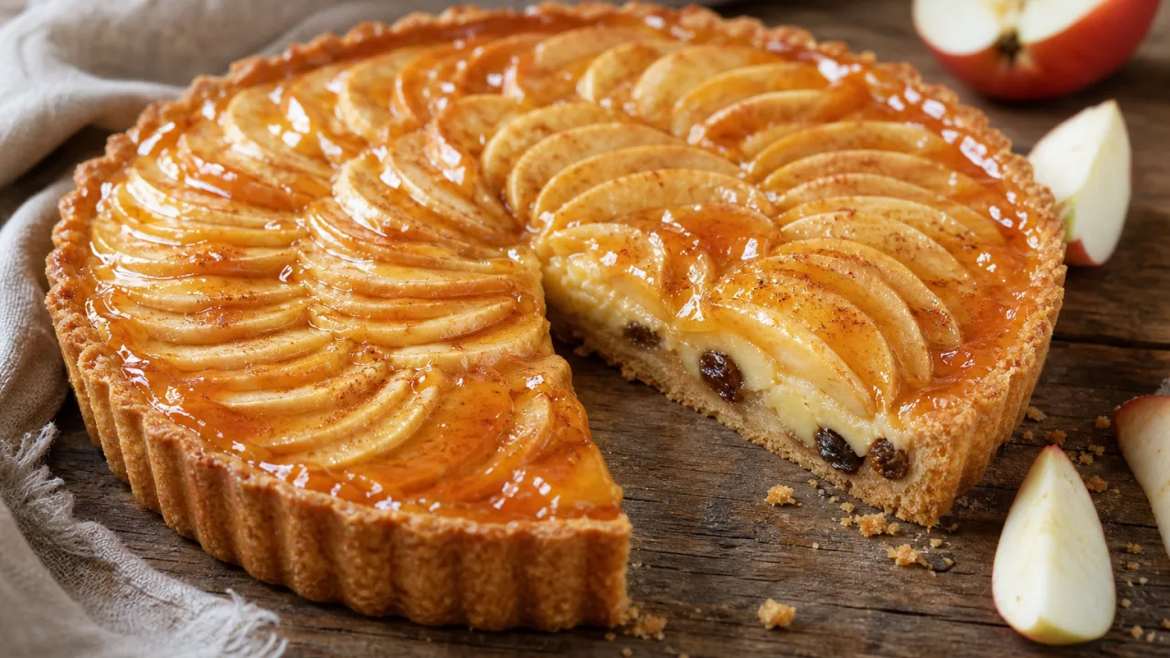 Torta de maçã aromática com glaze de damasco, maçãs fatiadas, passas e base crocante sobre mesa rústica
