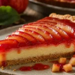 Torta Maçã do Amor cremosa com cobertura brilhante de groselha e fatias finas de maçã
