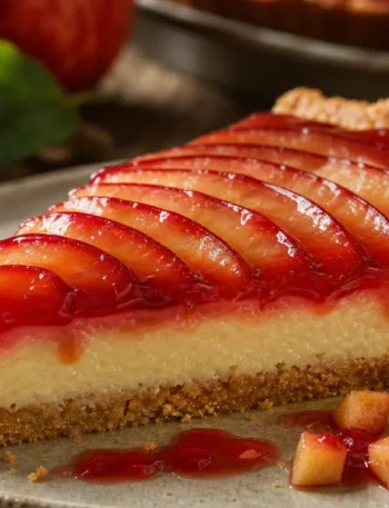 Torta Maçã do Amor cremosa com cobertura brilhante de groselha e fatias finas de maçã