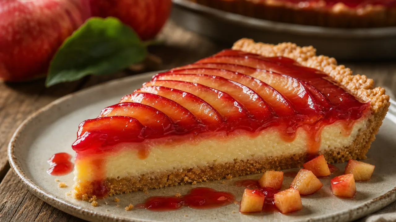 Torta Maçã do Amor cremosa com cobertura brilhante de groselha e fatias finas de maçã