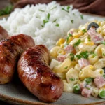 Almoço completo com linguiça assada dourada, arroz soltinho e macarronese cremosa na travessa