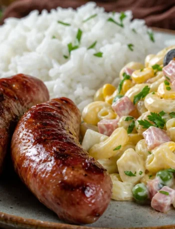 Almoço completo com linguiça assada dourada, arroz soltinho e macarronese cremosa na travessa