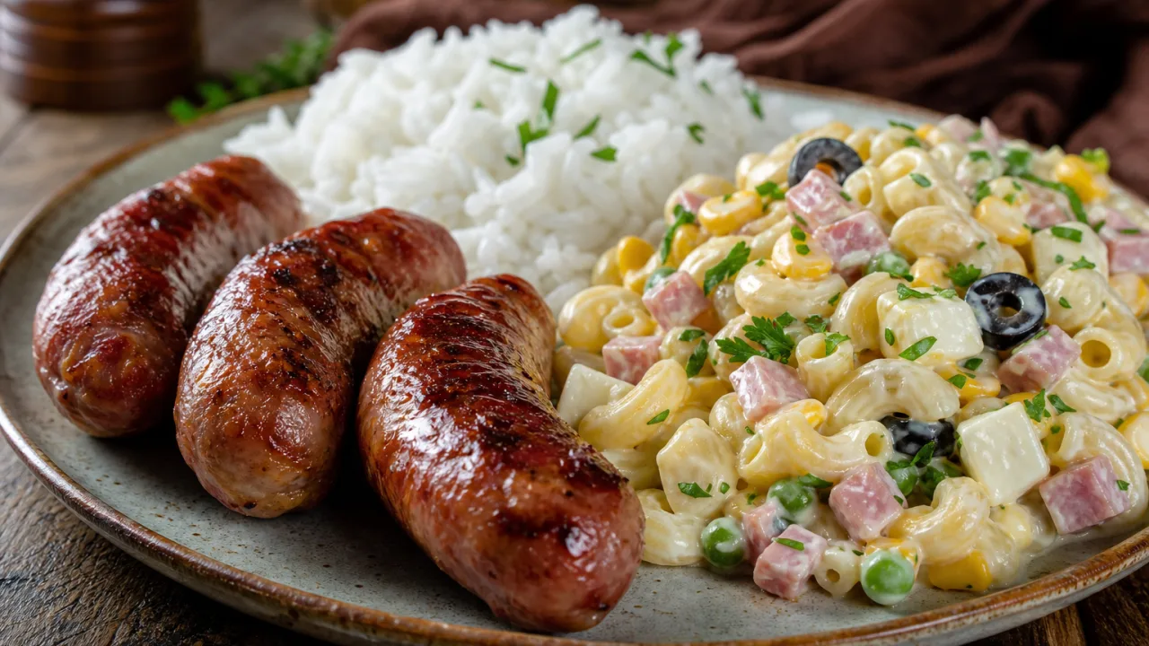 Almoço completo com linguiça assada dourada, arroz soltinho e macarronese cremosa na travessa