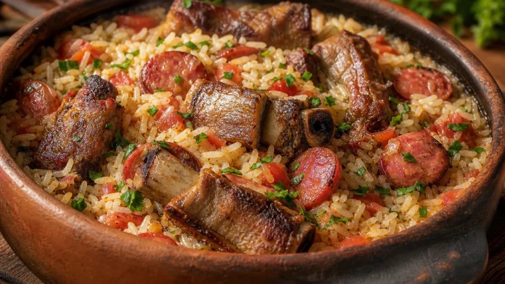 Arroz caipira com costelinha, linguiça dourada e temperos frescos em panela rústica