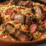 Arroz caipira com costelinha, linguiça dourada e temperos frescos em panela rústica
