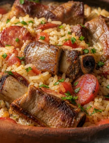 Arroz caipira com costelinha, linguiça dourada e temperos frescos em panela rústica