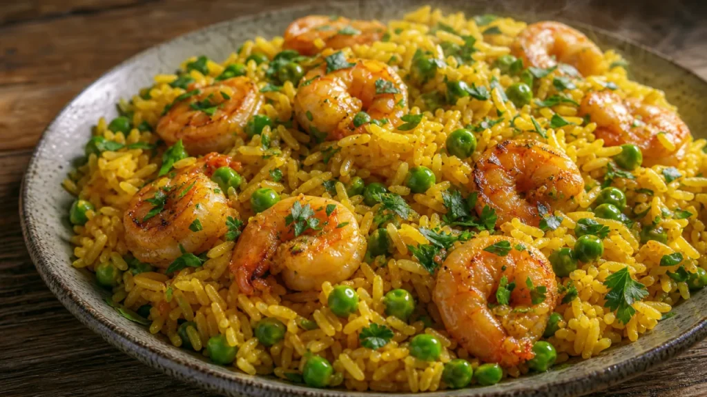 Arroz de camarão com açafrão e ervilha, com camarões dourados, ervilhas verdes e cheiro-verde fresco
