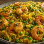 Arroz de camarão com açafrão e ervilha, com camarões dourados, ervilhas verdes e cheiro-verde fresco