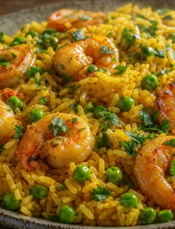 Arroz de camarão com açafrão e ervilha, com camarões dourados, ervilhas verdes e cheiro-verde fresco