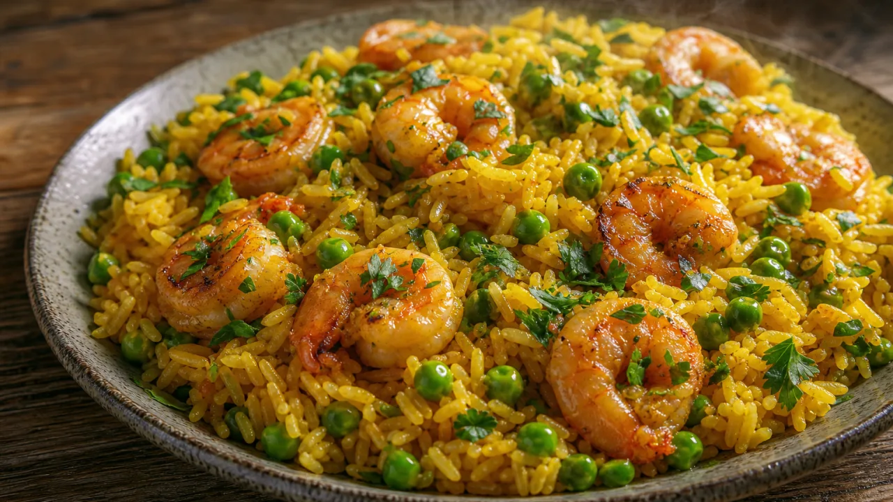 Arroz de camarão com açafrão e ervilha, com camarões dourados, ervilhas verdes e cheiro-verde fresco