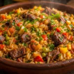Arroz carreteiro completo com sobras de churrasco, pimentões coloridos, milho, ervilha e ervas frescas