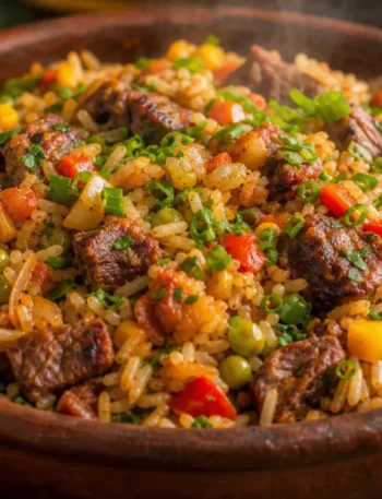 Arroz carreteiro completo com sobras de churrasco, pimentões coloridos, milho, ervilha e ervas frescas