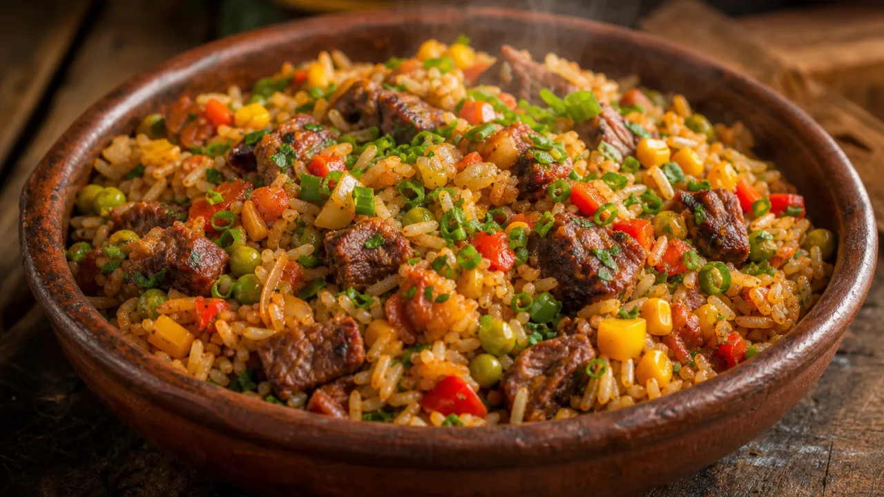 Arroz carreteiro completo com sobras de churrasco, pimentões coloridos, milho, ervilha e ervas frescas