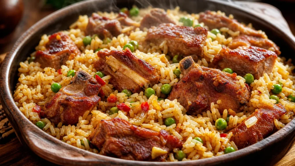 Arroz com costelinha de porco douradinho com ervilha, servido em panela rústica e fumegante