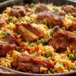 Arroz com costelinha de porco douradinho com ervilha, servido em panela rústica e fumegante