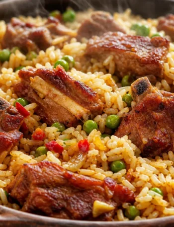 Arroz com costelinha de porco douradinho com ervilha, servido em panela rústica e fumegante